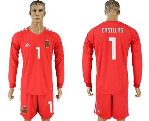 Spain #1 Casillas Red Long Sleeves Goalkeeper Soccer Country Jersey